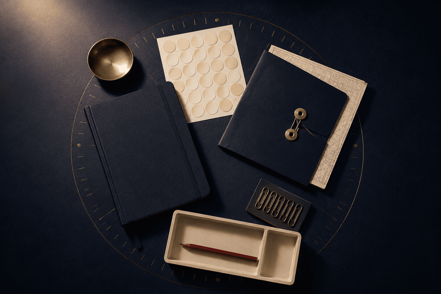 A navy desk with planning stationery arranged in a radial layout over an engraved compass dial