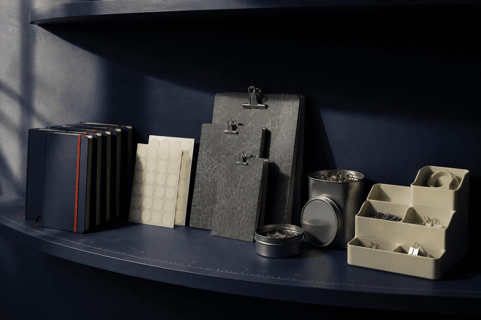 A curved navy display shelf holding the full Brocks Compass range