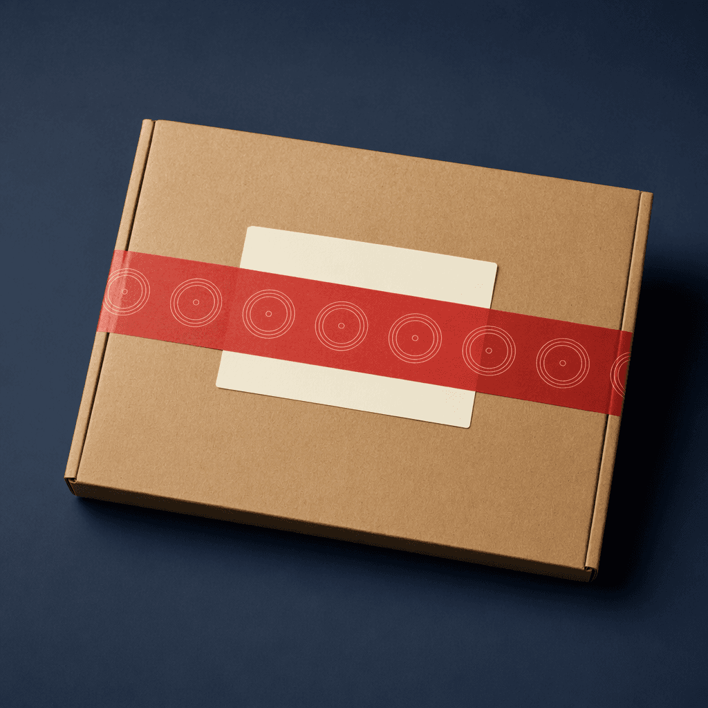 A kraft stationery mailer sealed with route-red bearing tape